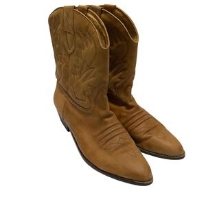 Women's Tan Genuine Leather‎ Pointed Toe Western Cowboy Boots Size 10M Boho